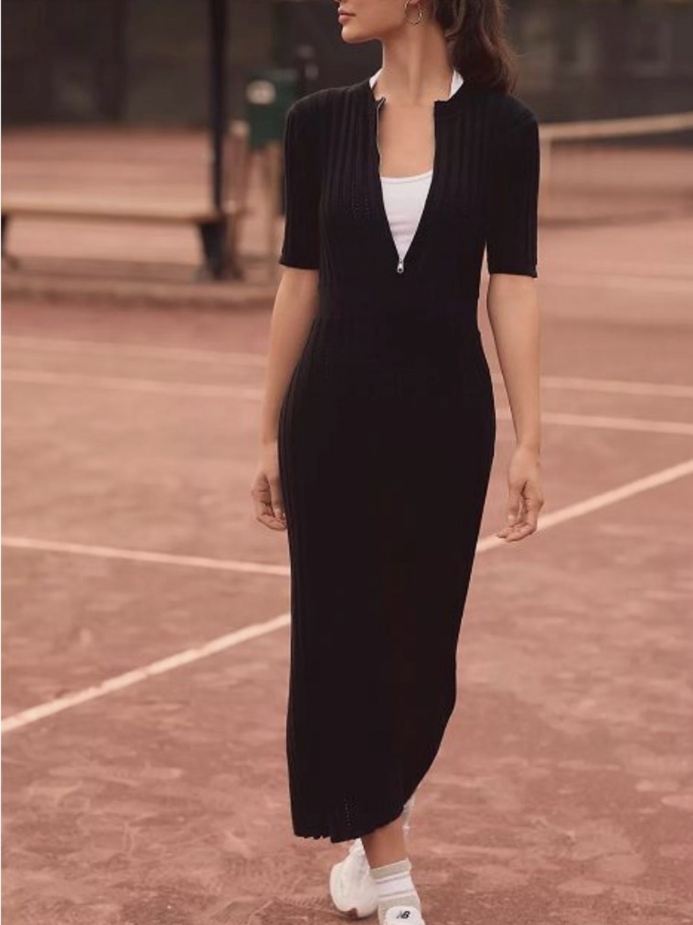 Varley Black Ribbed Zip-Front Maxi Dress